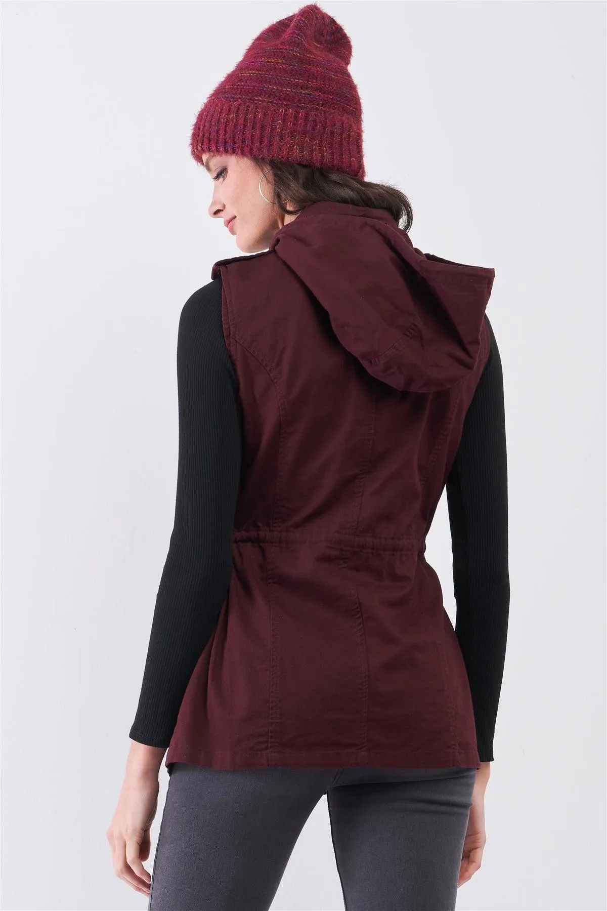 Burgundy Sleeveless Foldable Detachable Hood Detail Parka Utility Vest /2-3-1-1