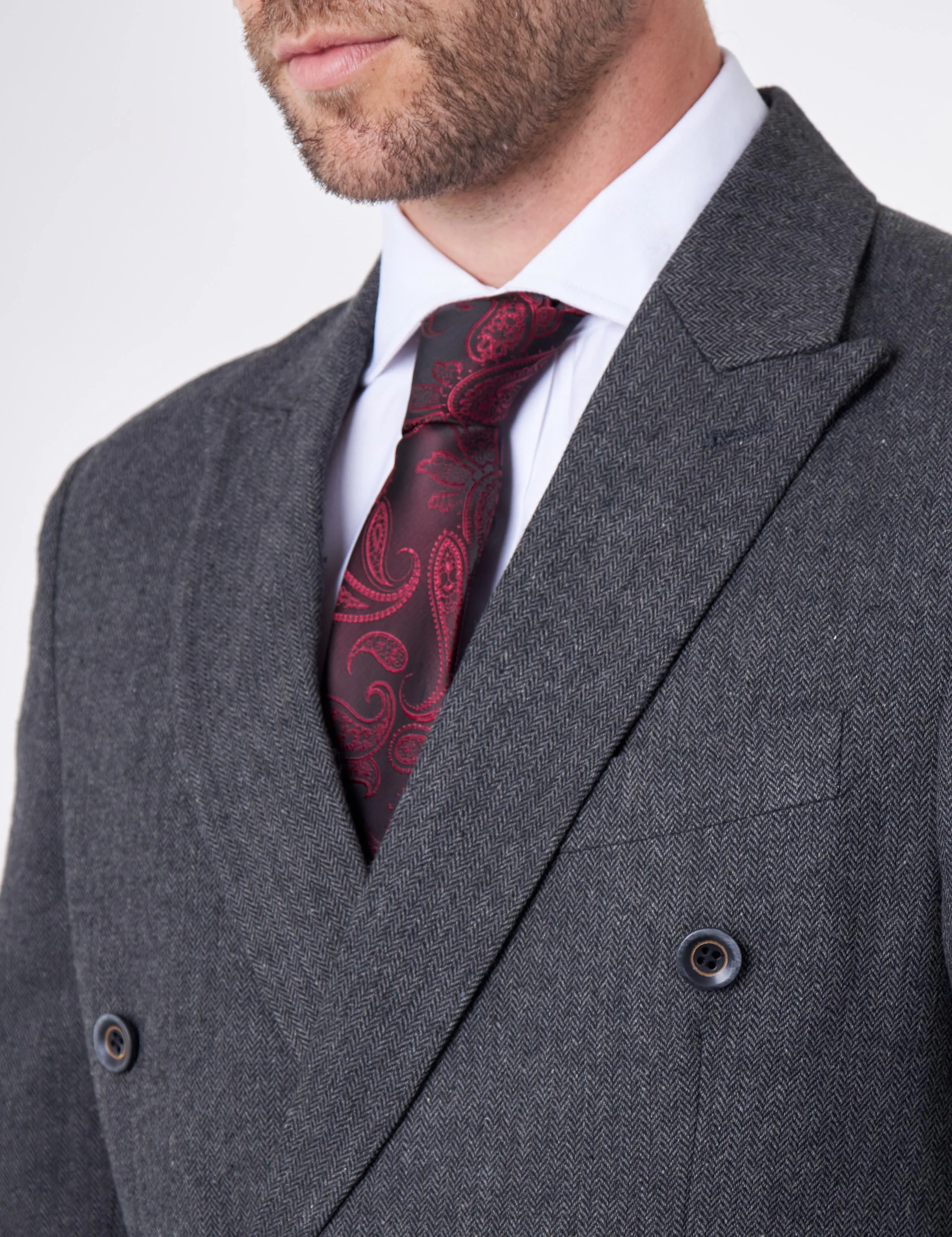 CALIX – Dark Grey Herringbone Tailored Double Breasted Blazer