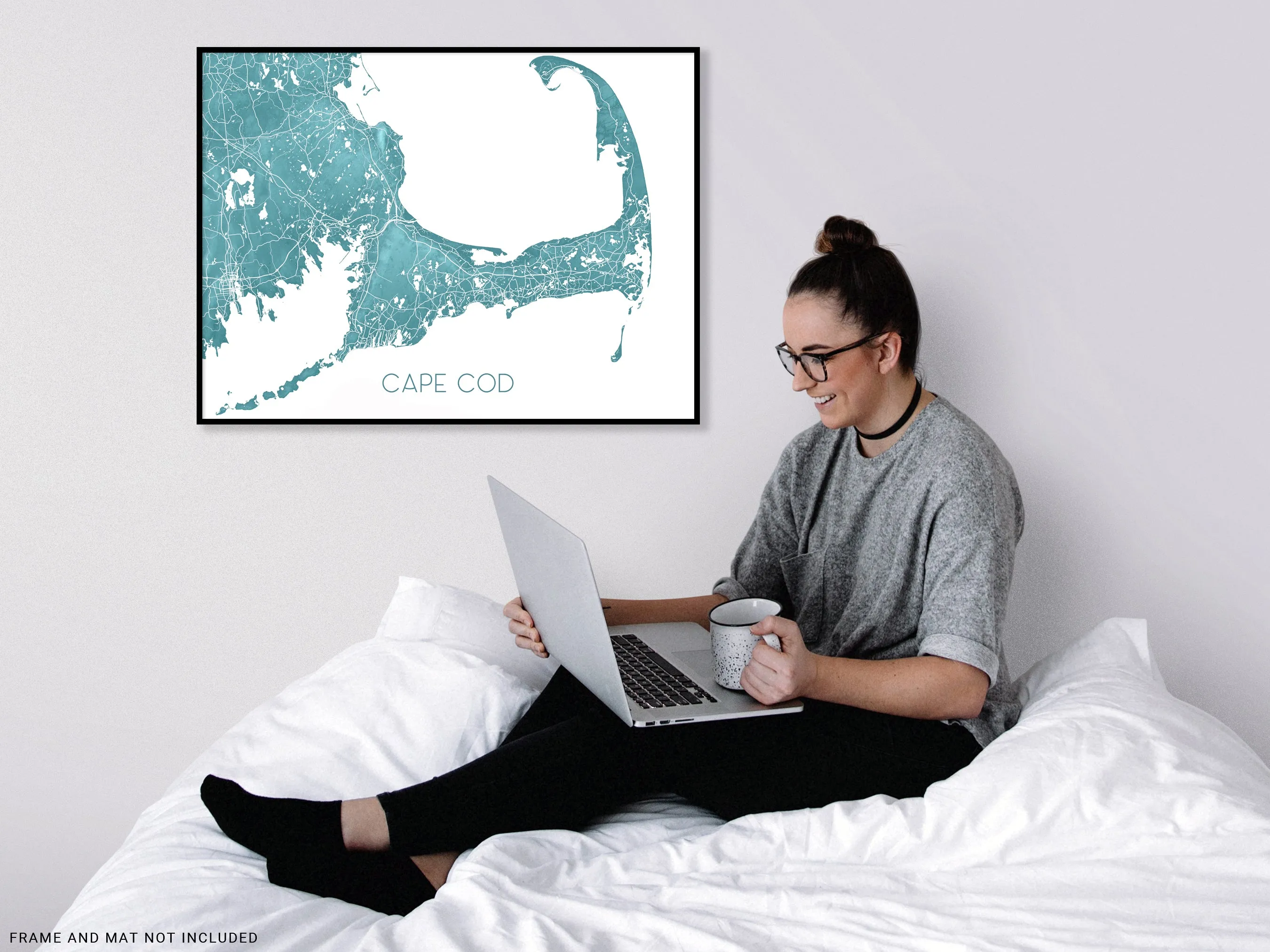 Cape Cod Map of Cape Cod Wall Art Print Poster, Turquoise Topographic Massachusetts Street Road Maps, Provincetown