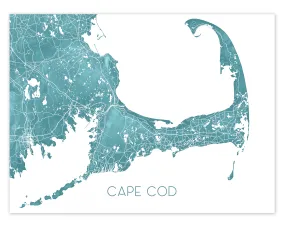 Cape Cod Map of Cape Cod Wall Art Print Poster, Turquoise Topographic Massachusetts Street Road Maps, Provincetown