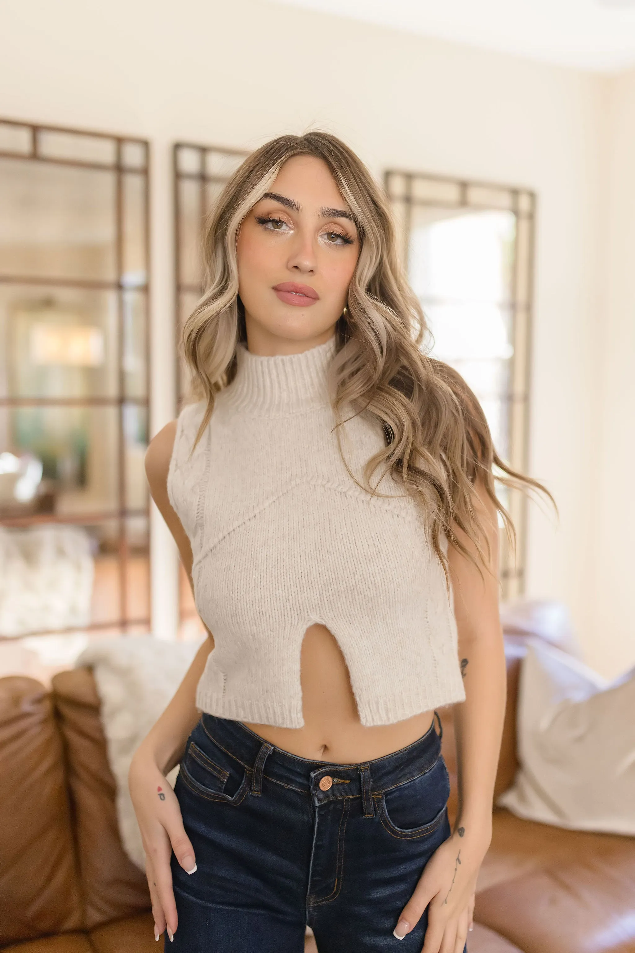 Carson Mock Neck Cut Out Cropped Sweater Top Oatmeal