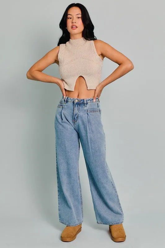 Carson Mock Neck Cut Out Cropped Sweater Top Oatmeal