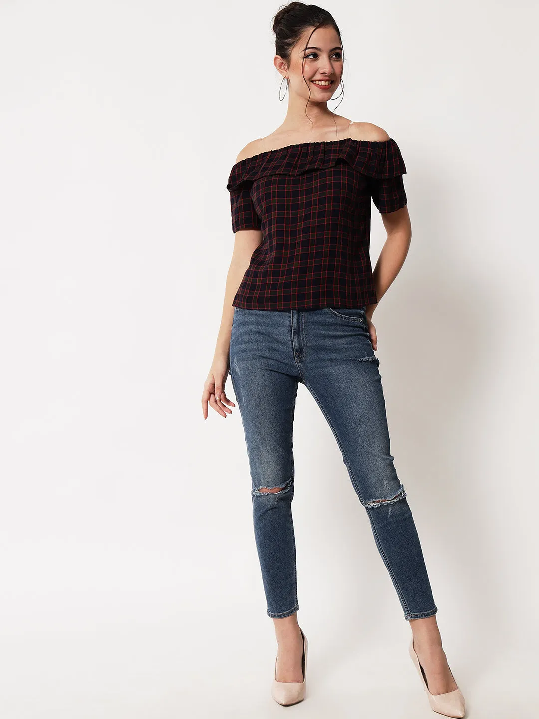 Checked Off-Shoulder Bardot Top