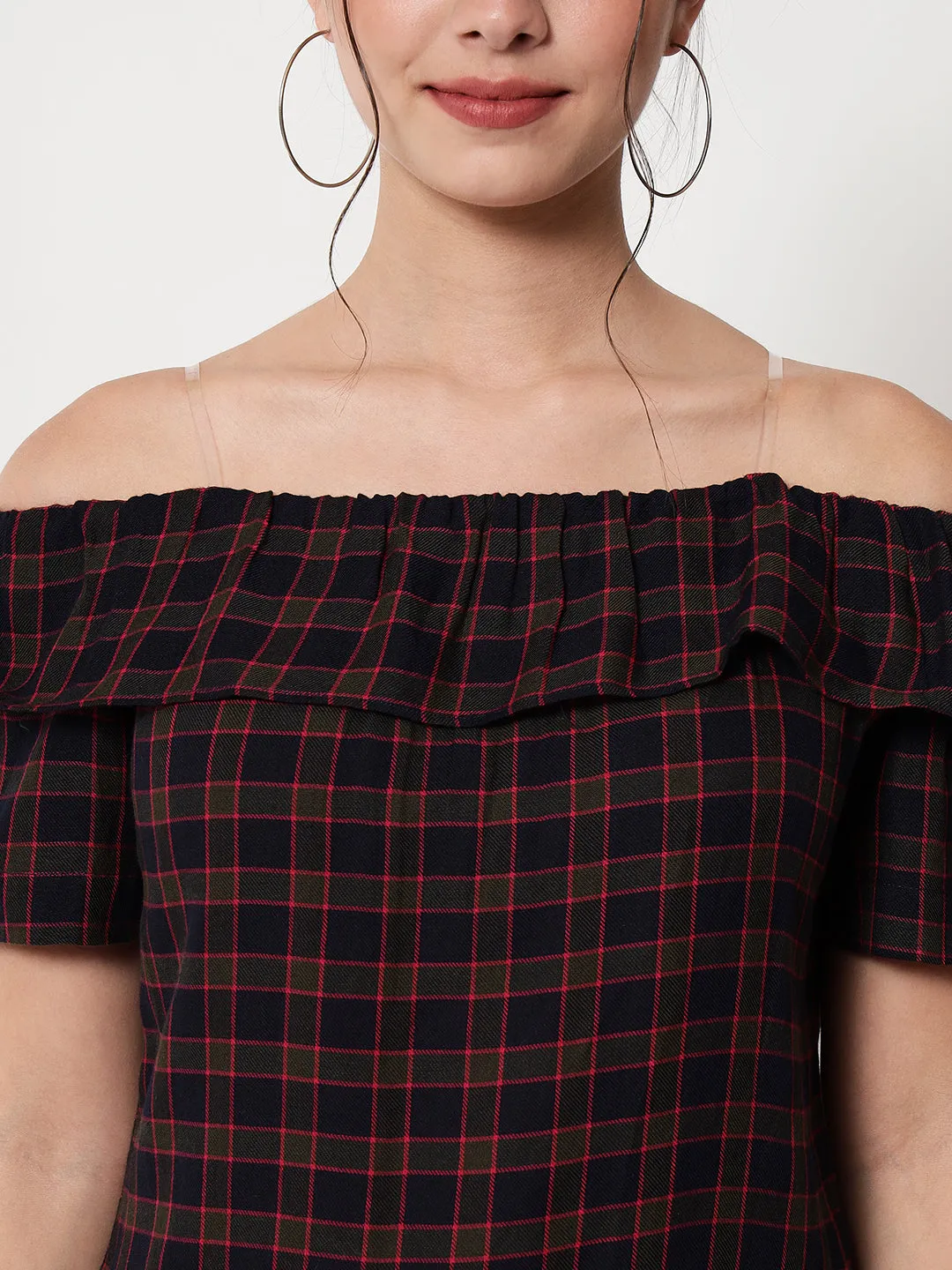 Checked Off-Shoulder Bardot Top