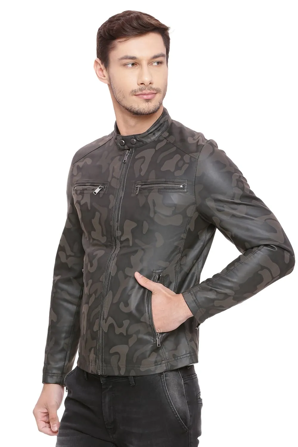 Comfort Fit Printed Faux Leather Jacket