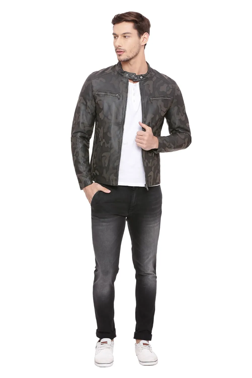 Comfort Fit Printed Faux Leather Jacket