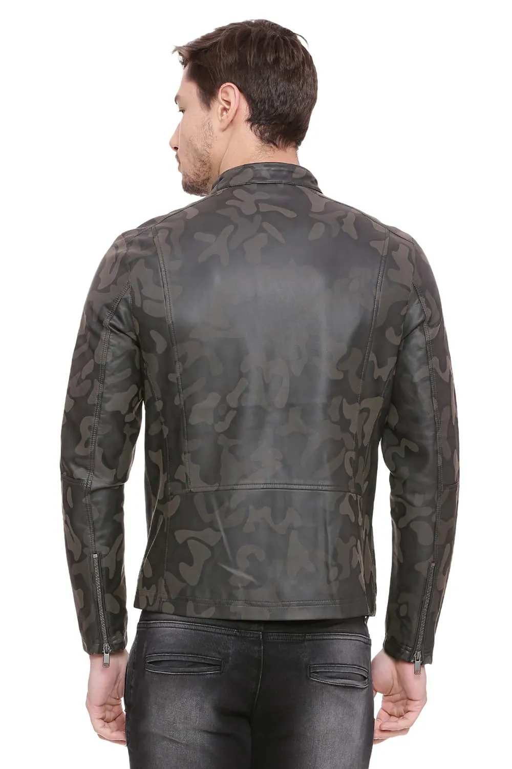 Comfort Fit Printed Faux Leather Jacket