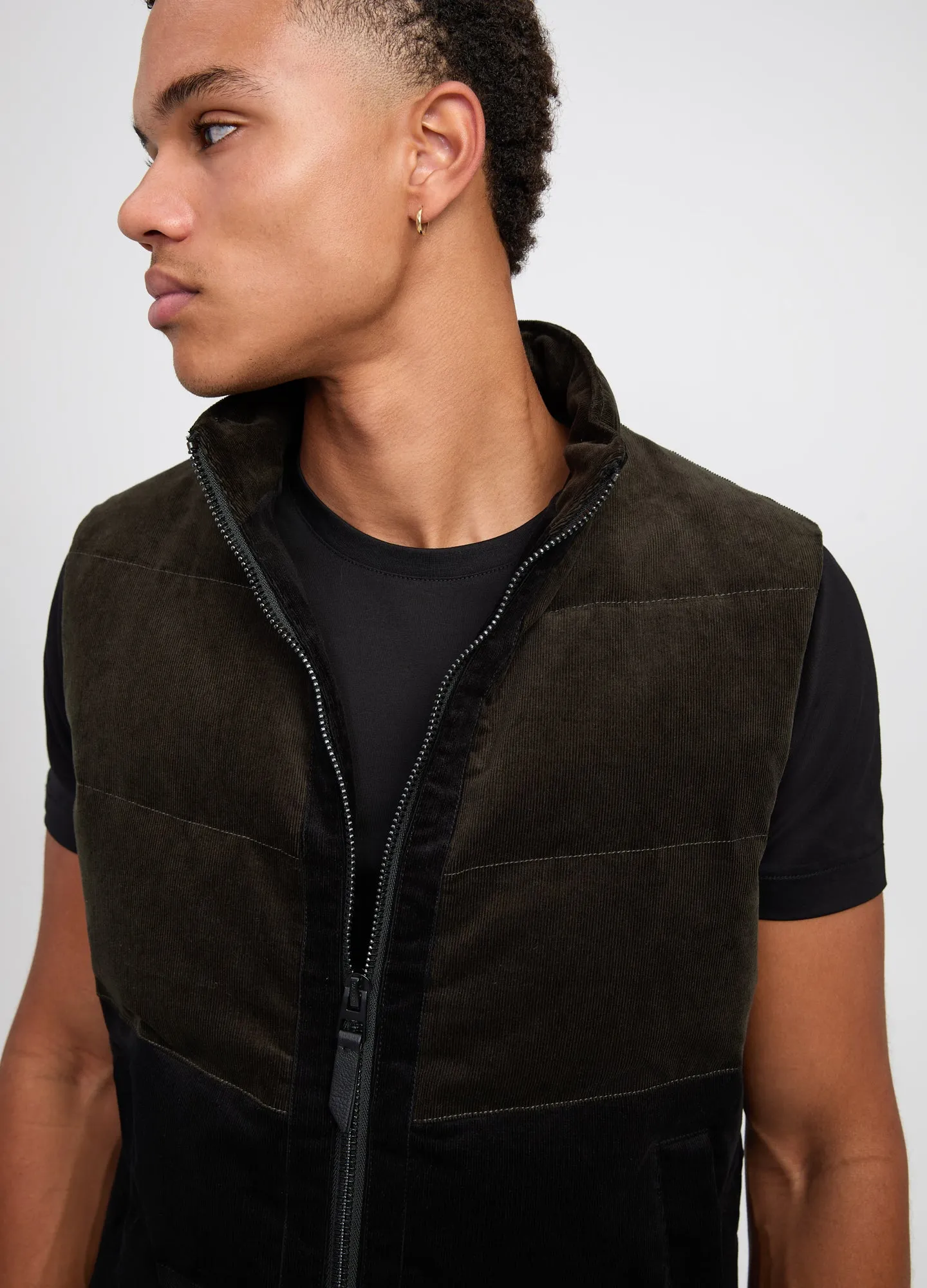 Cord Panelled Down Gilet Khaki Combo