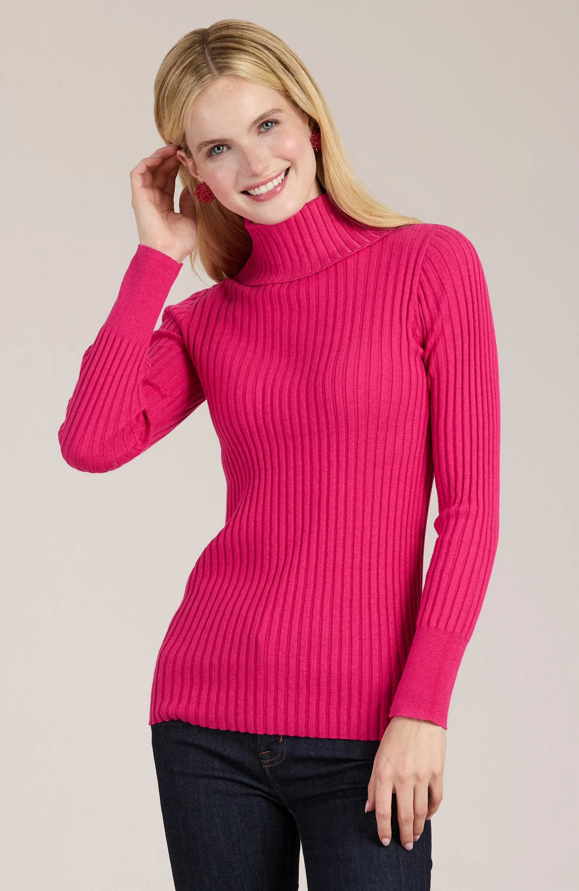 Cotton Cashmere Ribbed Turtleneck - Coco Pink