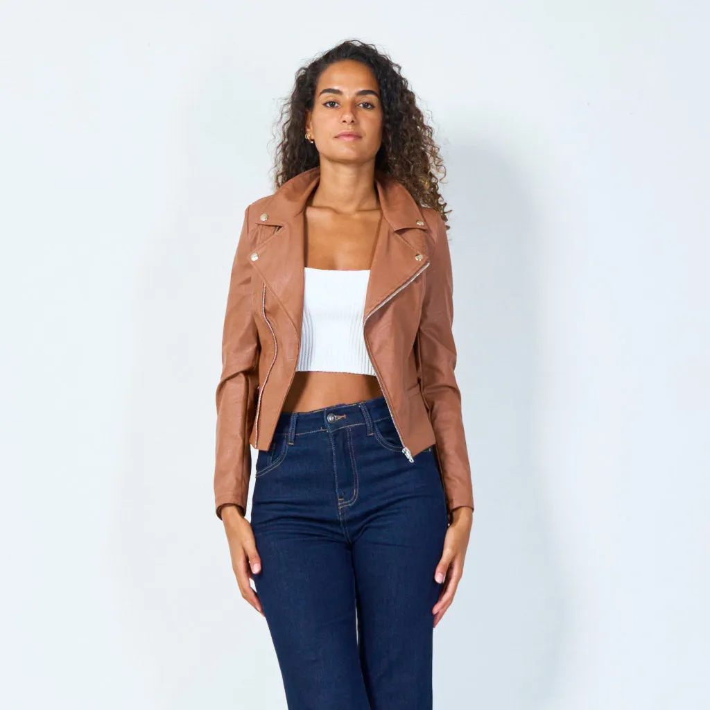 Cropped asymmetric moto jacket wholesale