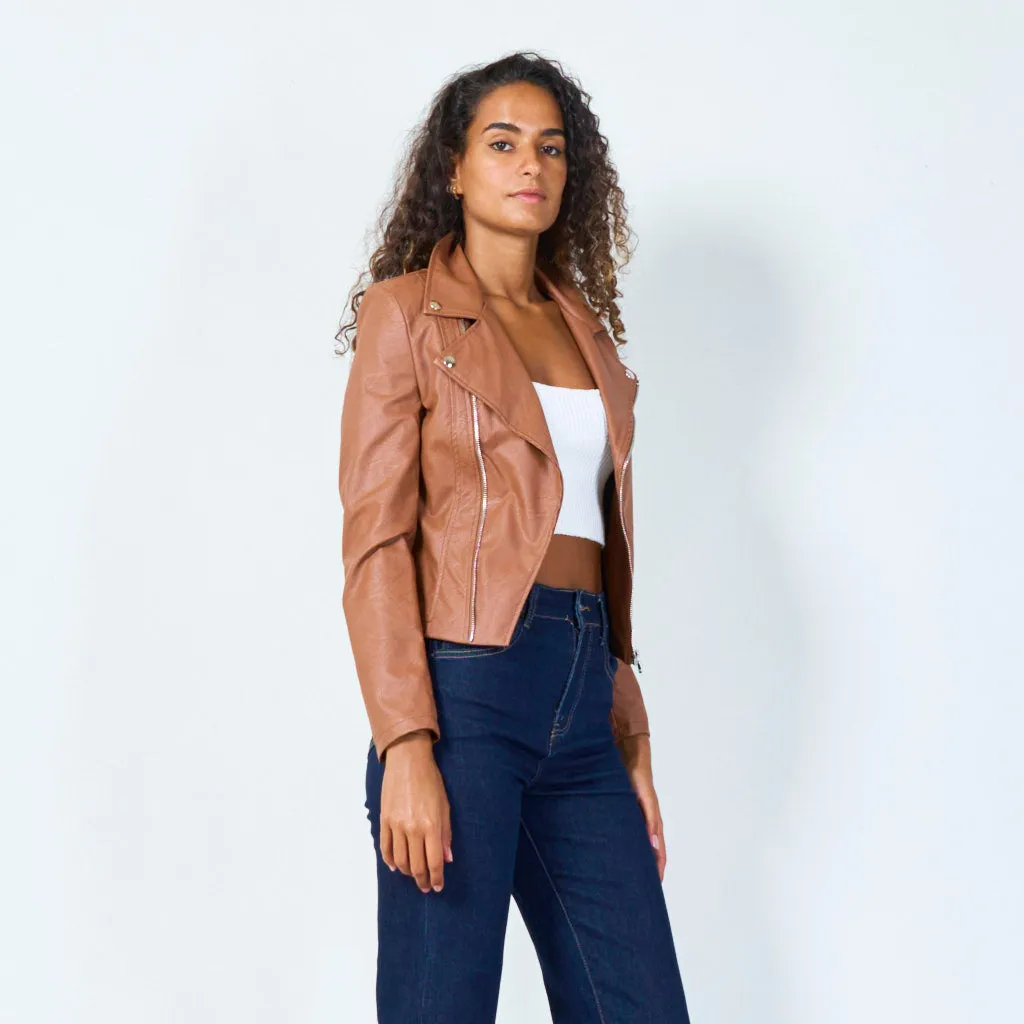 Cropped asymmetric moto jacket wholesale