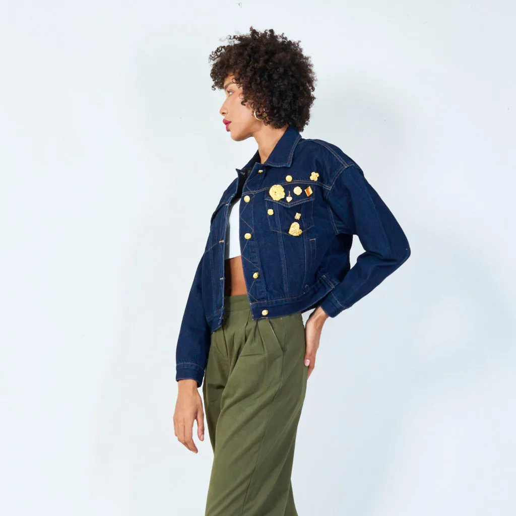 Cropped denim jacket with gold embellishments wholesale