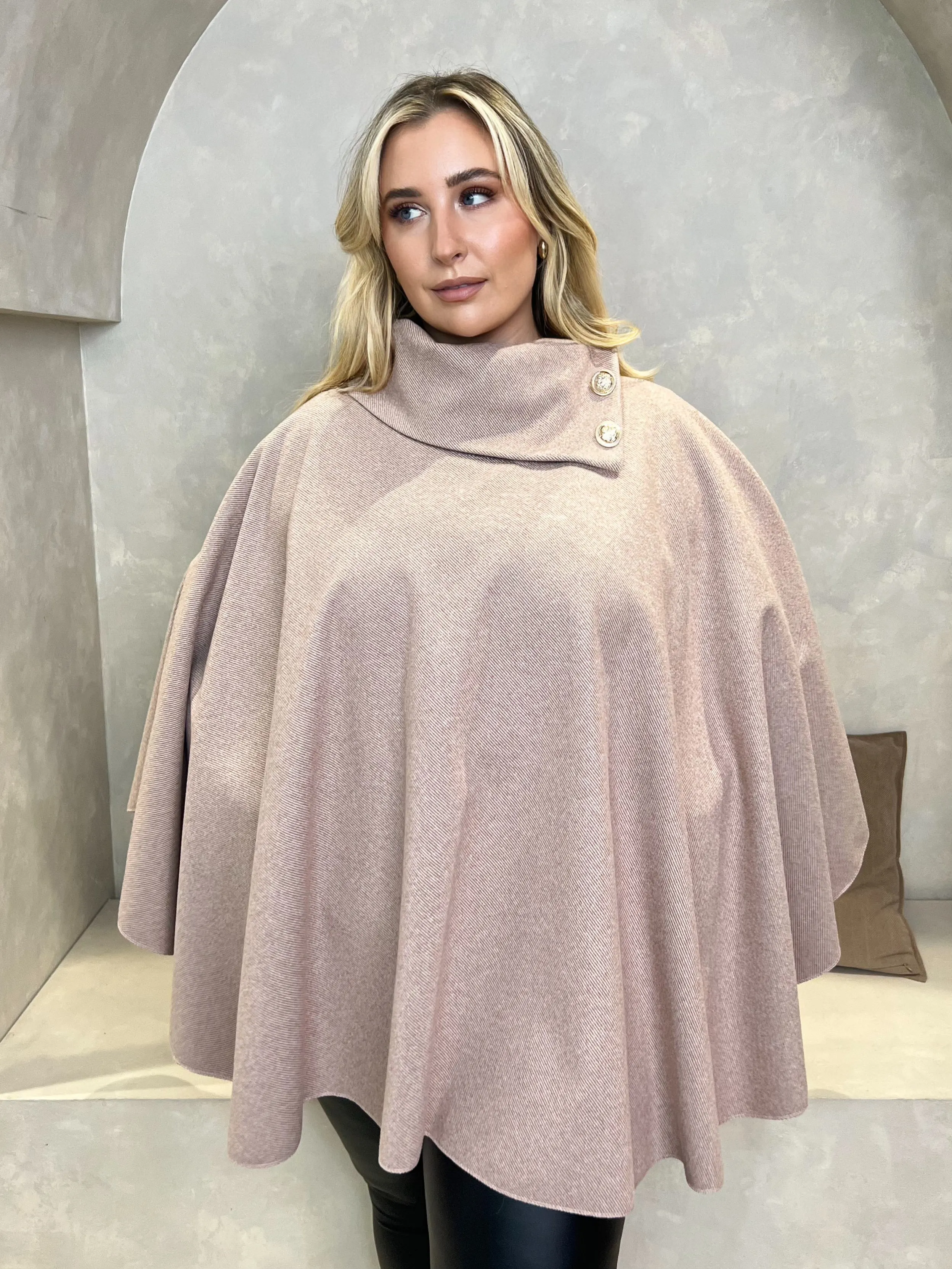 Curve Blush Tweed Effect Button Neck Cape