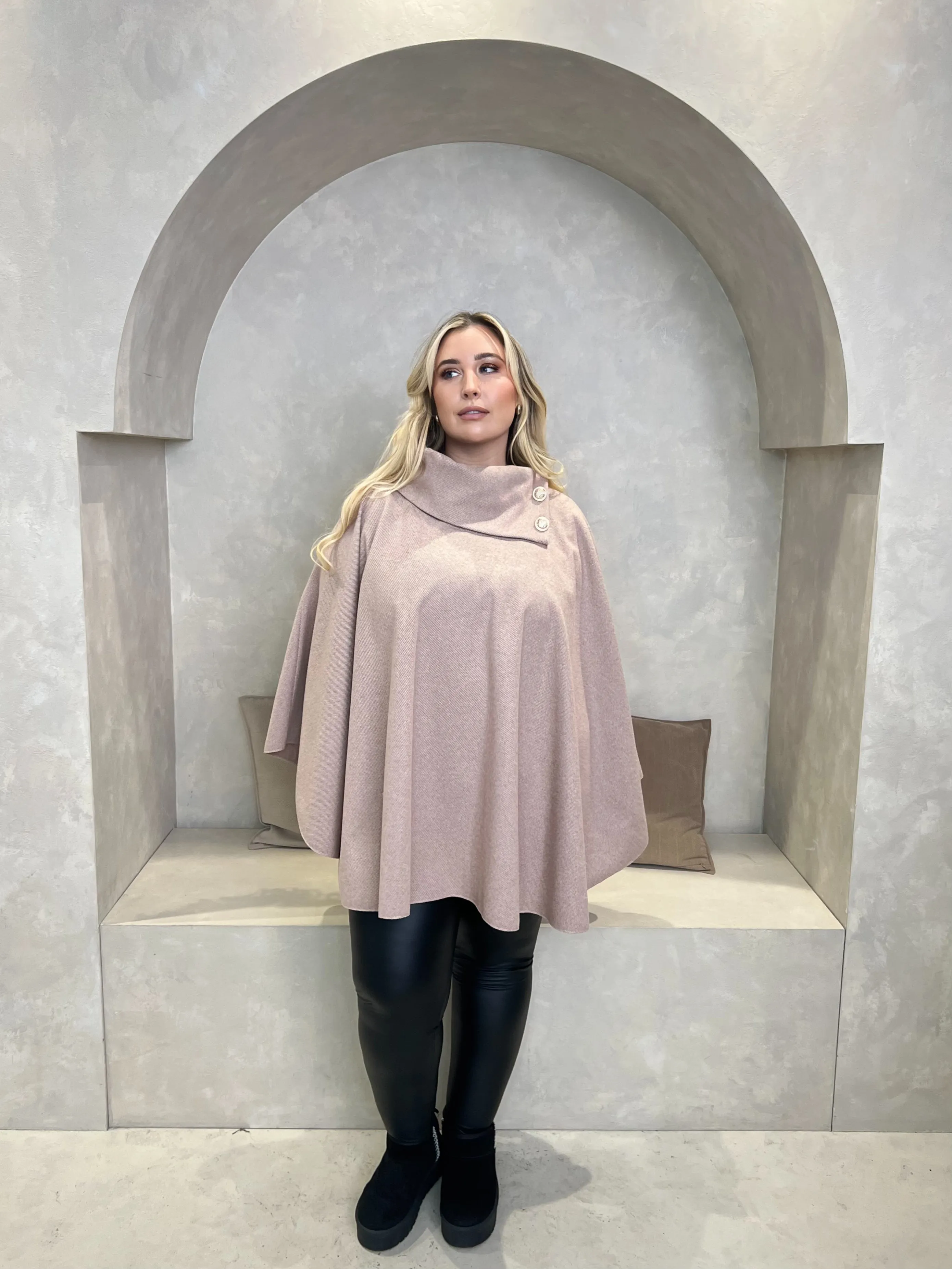 Curve Blush Tweed Effect Button Neck Cape