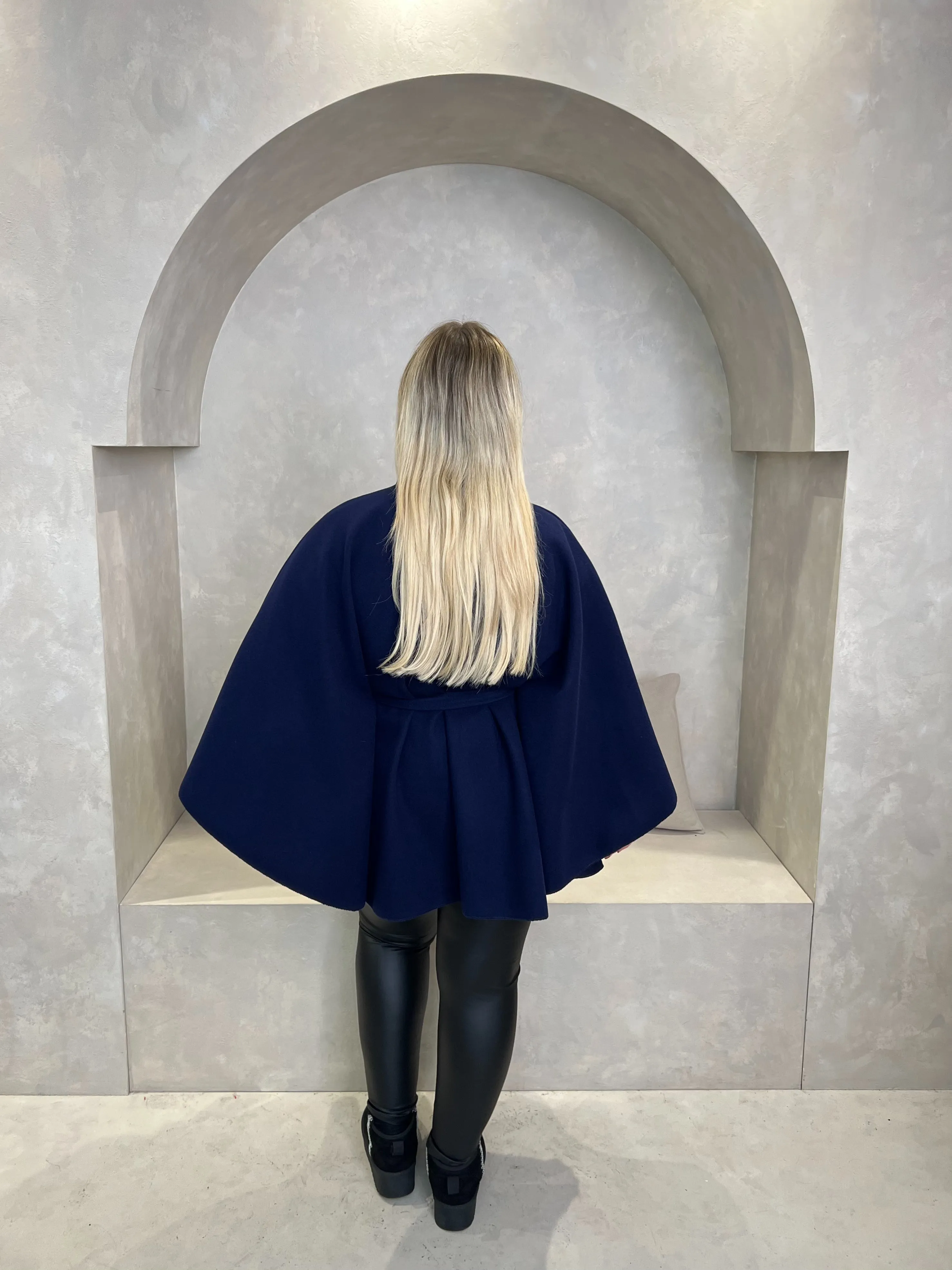 Curve Navy Tie Belt Cape With Stand Up Collar