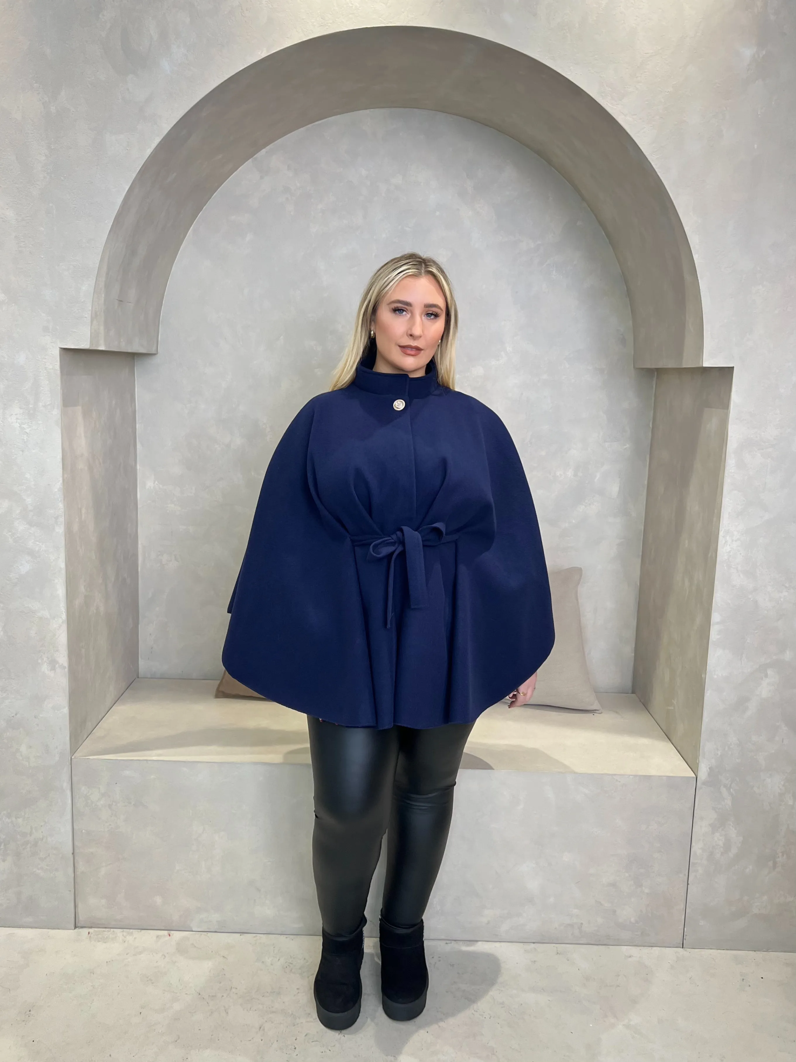 Curve Navy Tie Belt Cape With Stand Up Collar