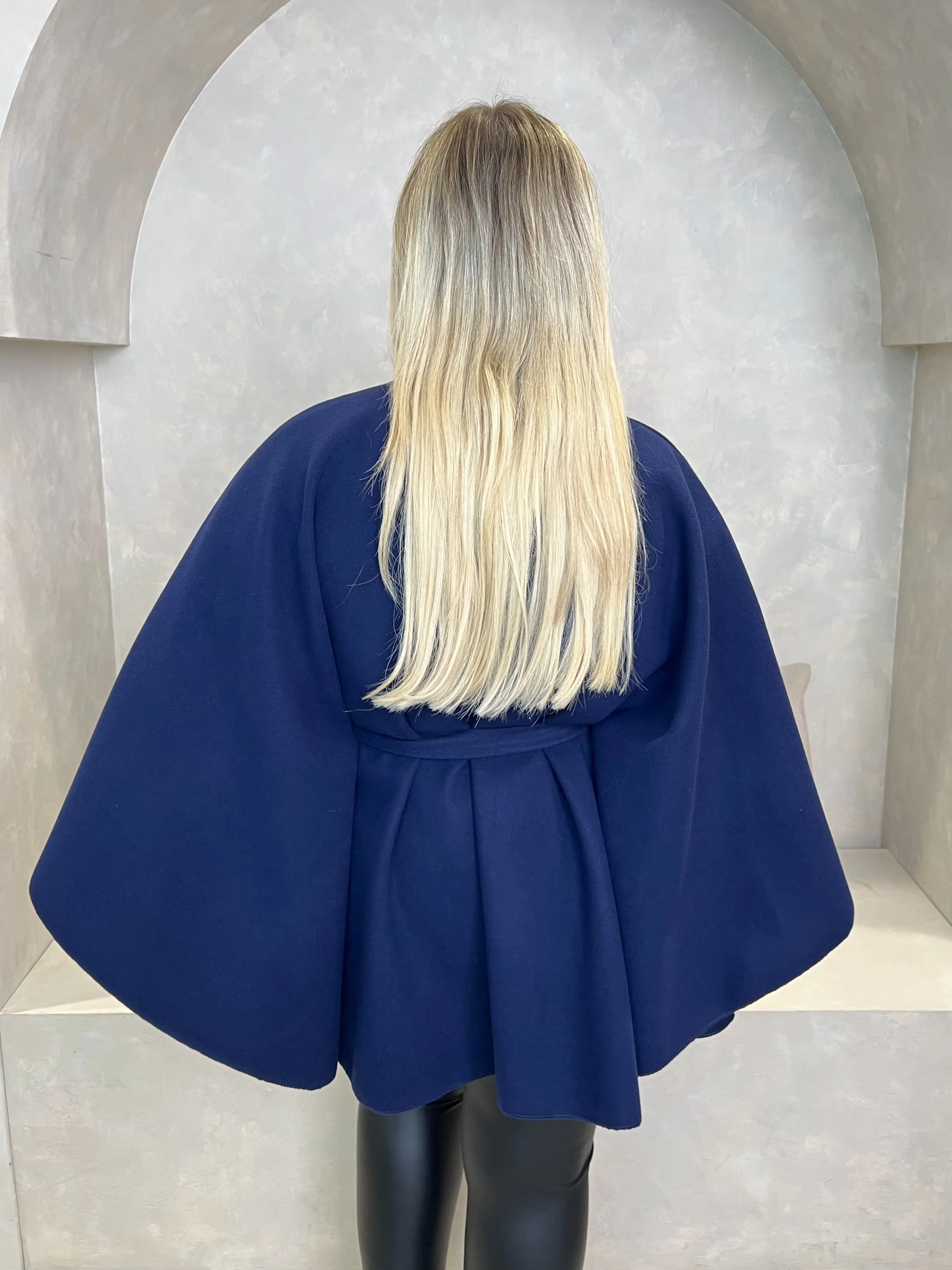 Curve Navy Tie Belt Cape With Stand Up Collar