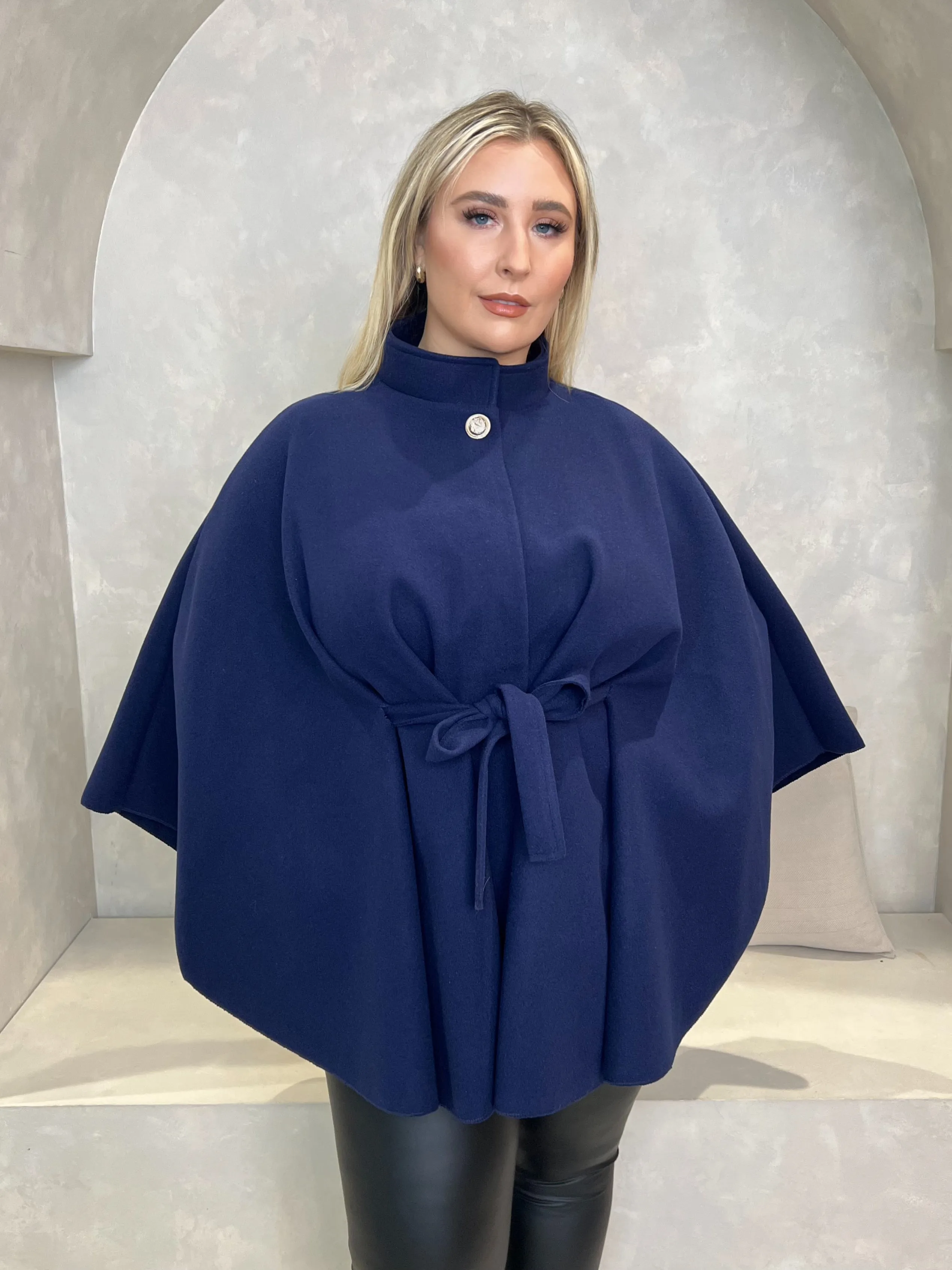 Curve Navy Tie Belt Cape With Stand Up Collar