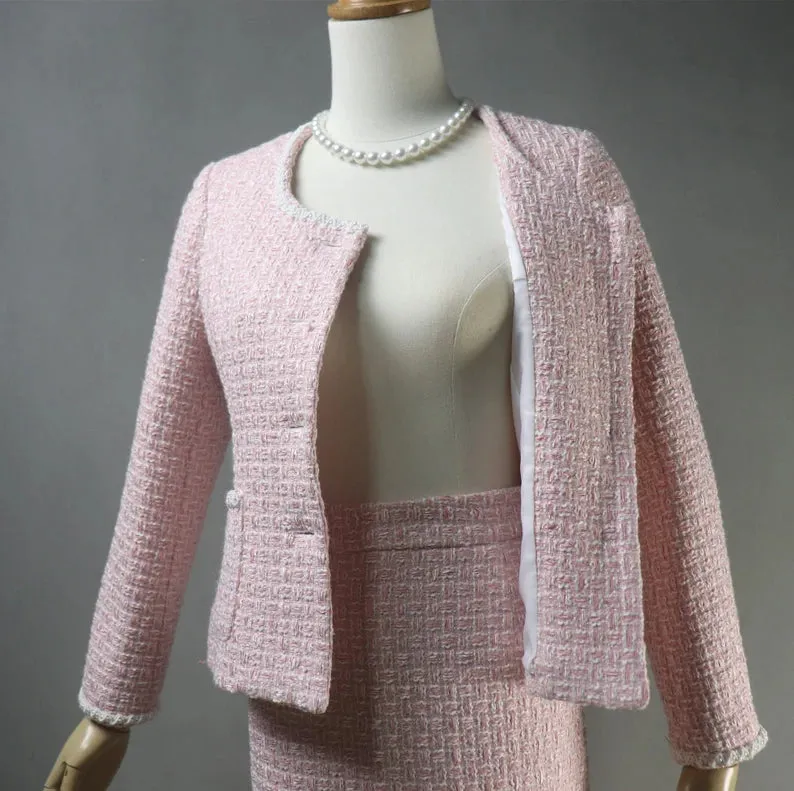 Custom Made Light Pink Pearls Decoration Tweed Jacket   Long / Short Skirt / Trousers Pants Shorts Pink Suit For Ladies