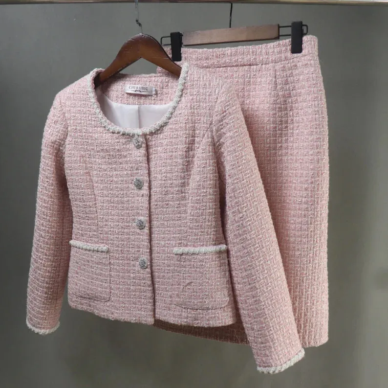 Custom Made Light Pink Pearls Decoration Tweed Jacket   Long / Short Skirt / Trousers Pants Shorts Pink Suit For Ladies