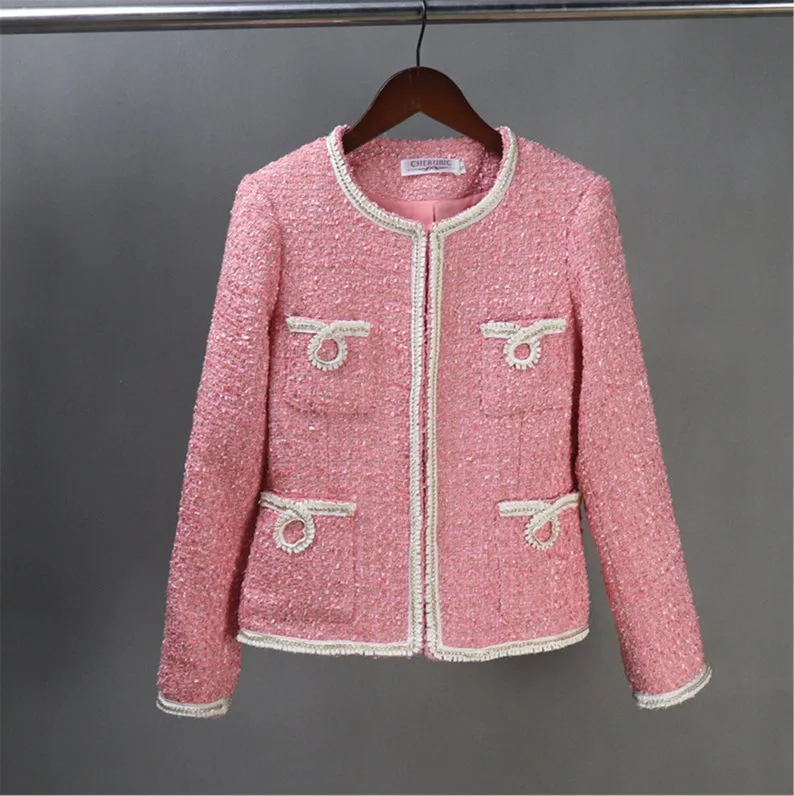 Custom Made Pink Tweed Blazer Coat  Skirt / Shorts Suit for Women