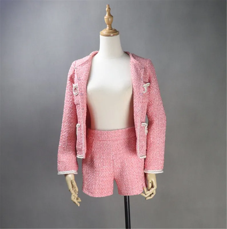 Custom Made Pink Tweed Blazer Coat  Skirt / Shorts Suit for Women