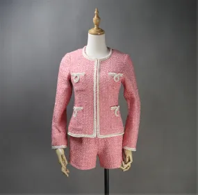 Custom Made Pink Tweed Blazer Coat  Skirt / Shorts Suit for Women