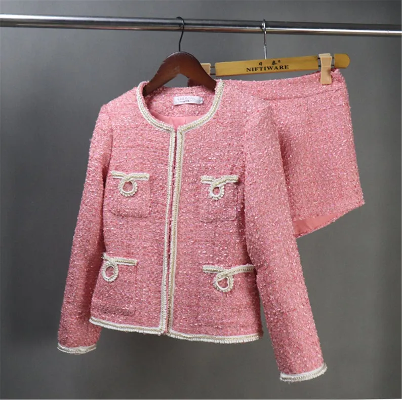 Custom Made Pink Tweed Blazer Coat  Skirt / Shorts Suit for Women