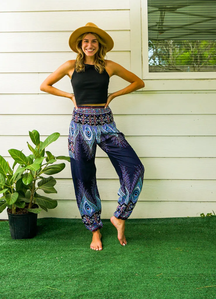 Dark Blue Peace Peacock Harem Pants