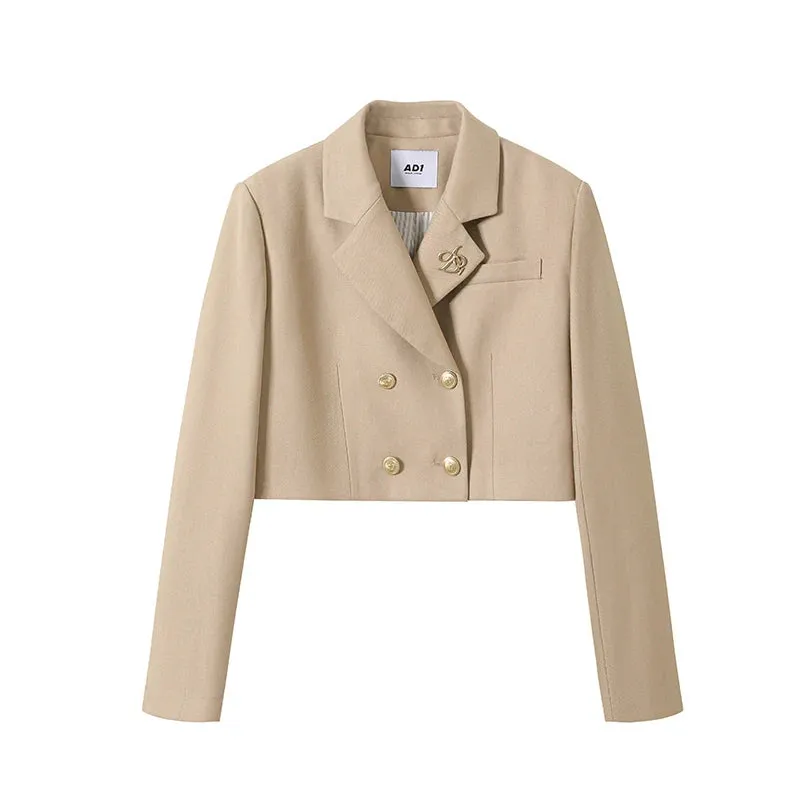 Double-Breasted Cropped Blazer: Tailored Short Jacket with Embroidered Logo