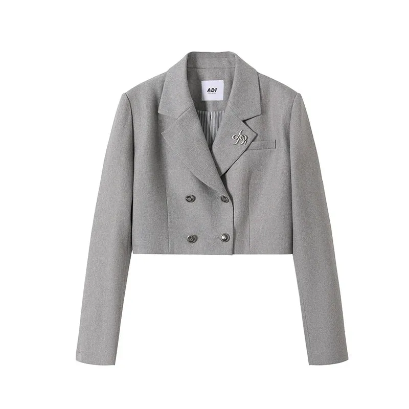 Double-Breasted Cropped Blazer: Tailored Short Jacket with Embroidered Logo