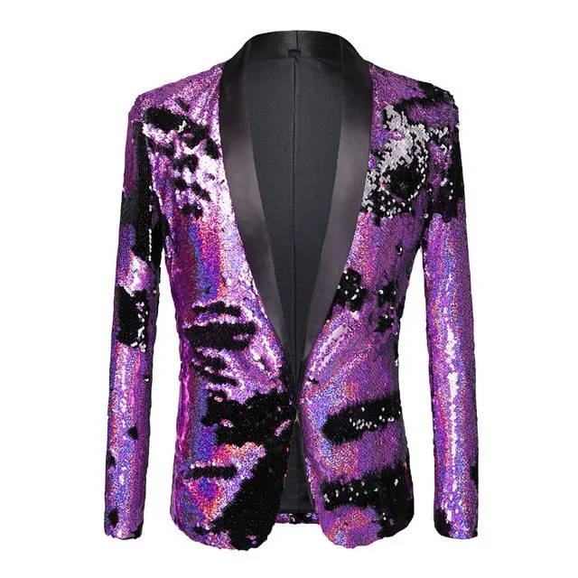 Double Tones Shining Sequins Nightclub Style Men Costume Blazer