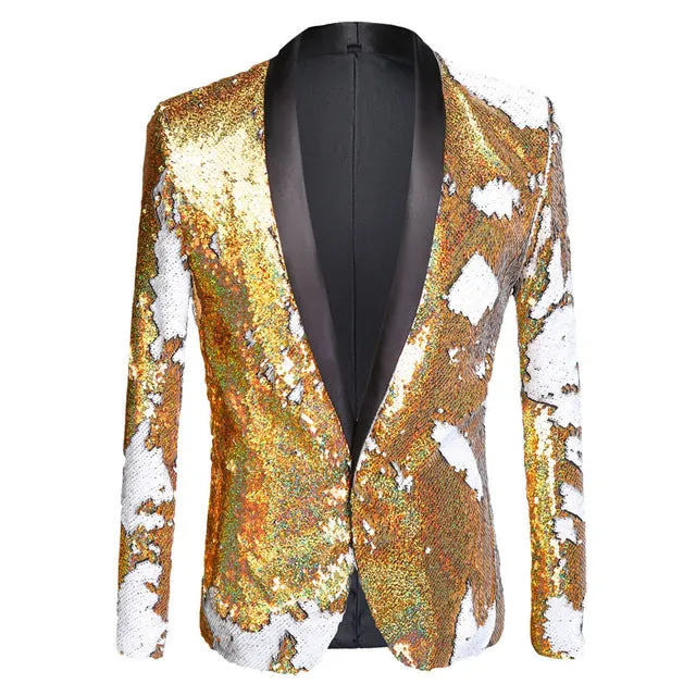 Double Tones Shining Sequins Nightclub Style Men Costume Blazer