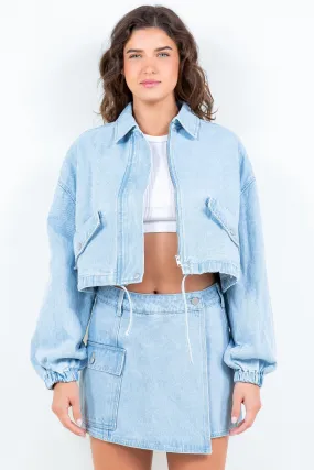 Drawstring Waist Crop Denim Jacket