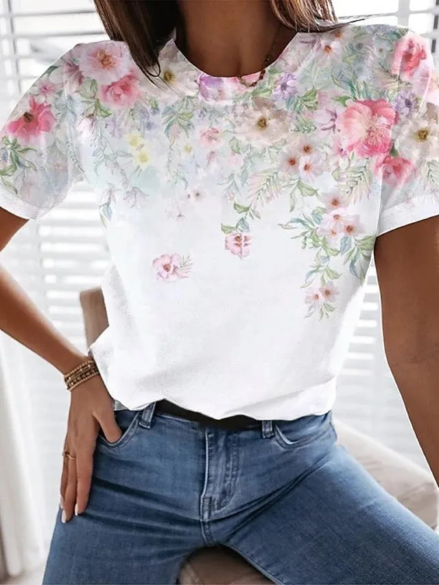 Dunnmall Floral Short Sleeve  Printed  Cotton-blend  Crew Neck Casual  Summer  White Top