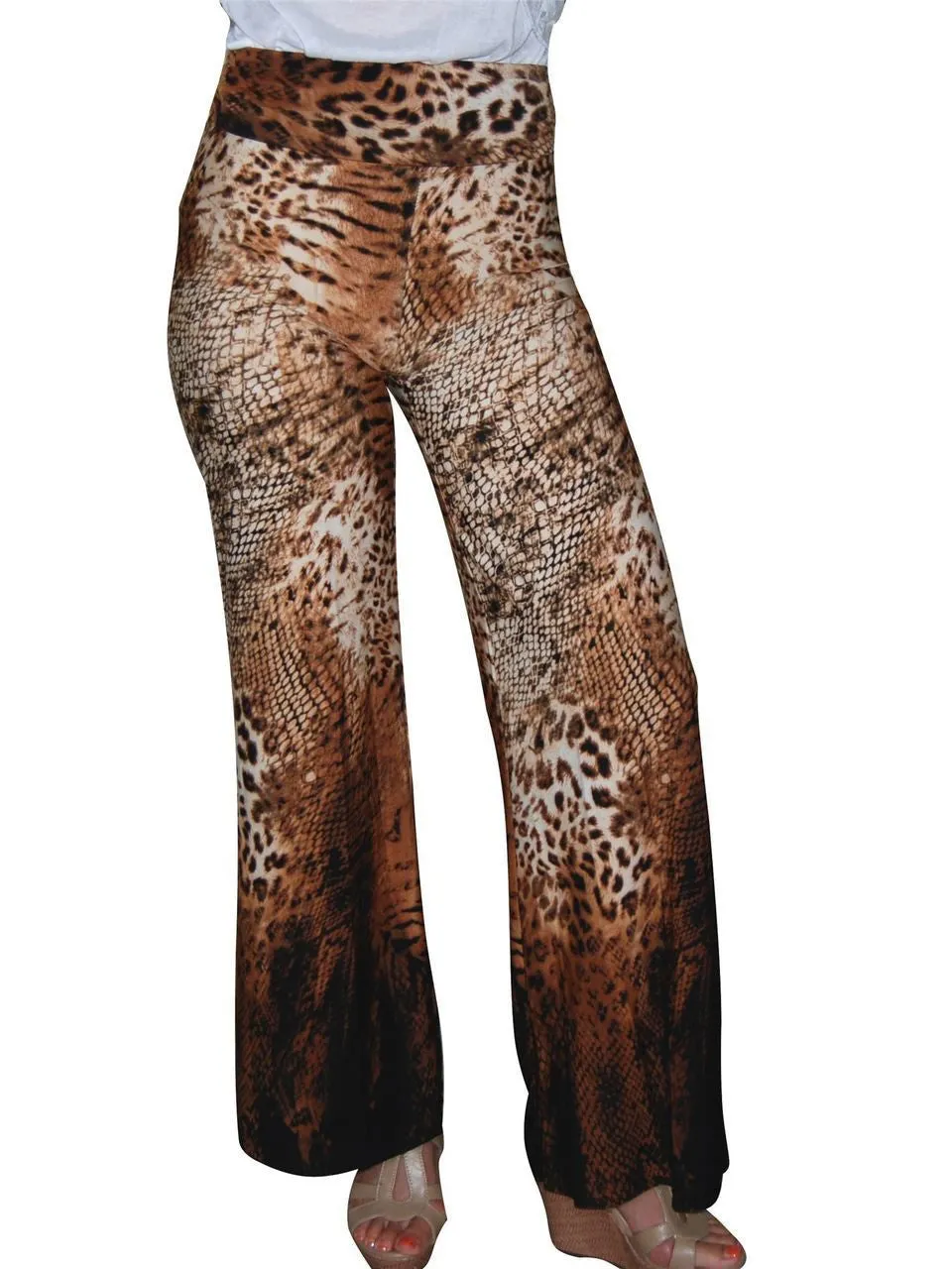 Foldover Palazzo Pants Cheetah Snake Brown