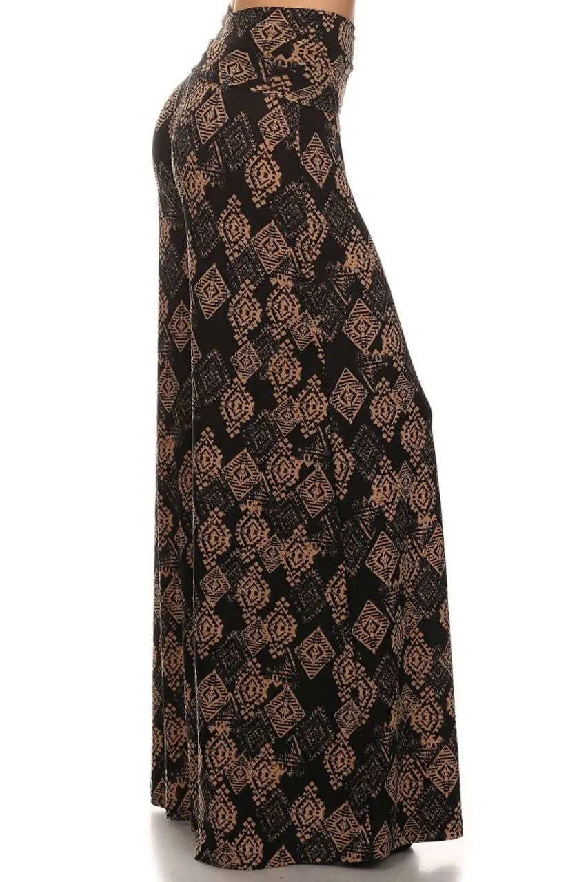 Foldover Palazzo Pants Tribal Diamond Black Brown