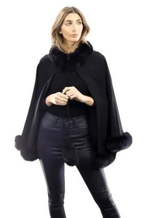 Fox Fur Trim with Fur Poms Cape - Black