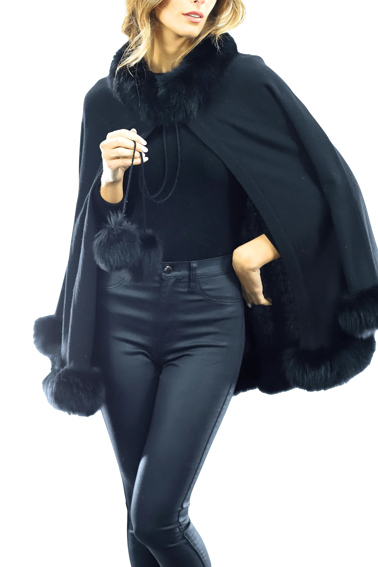 Fox Fur Trim with Fur Poms Cape - Black