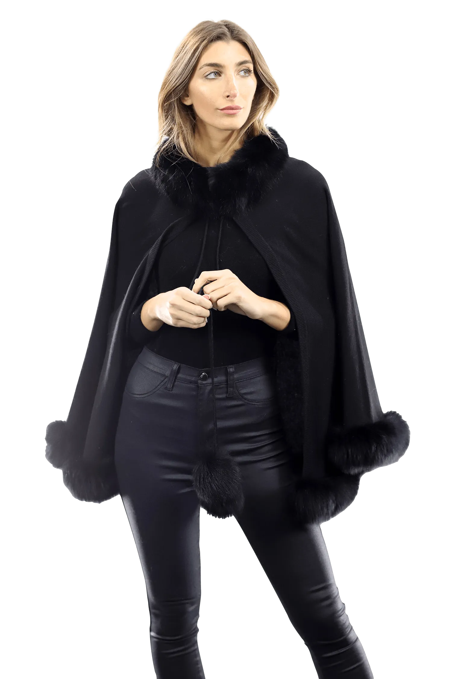 Fox Fur Trim with Fur Poms Cape - Black