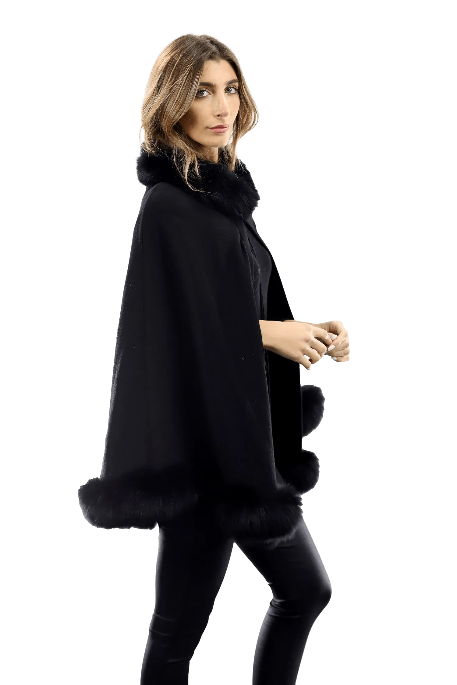 Fox Fur Trim with Fur Poms Cape - Black