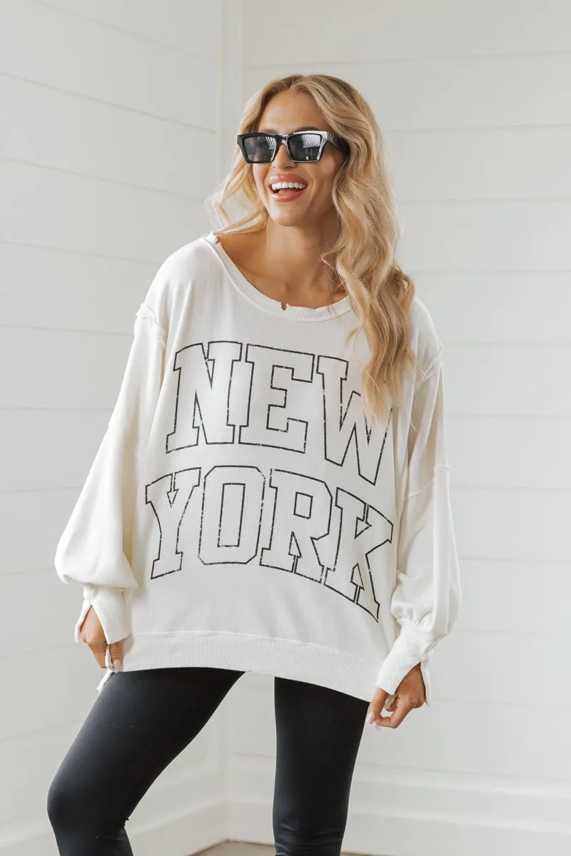 Free People Cream New York Pullover Sweatshirt