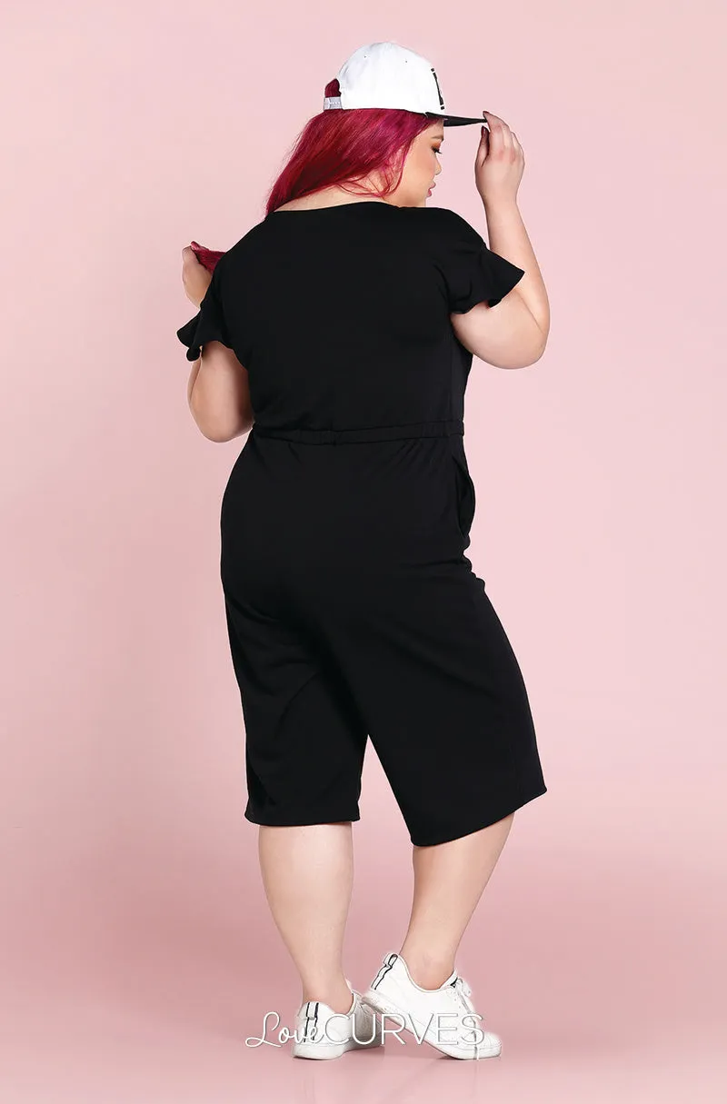 Frill Sleeves Wide Leg Cropped Jumpsuit - Black -OLI