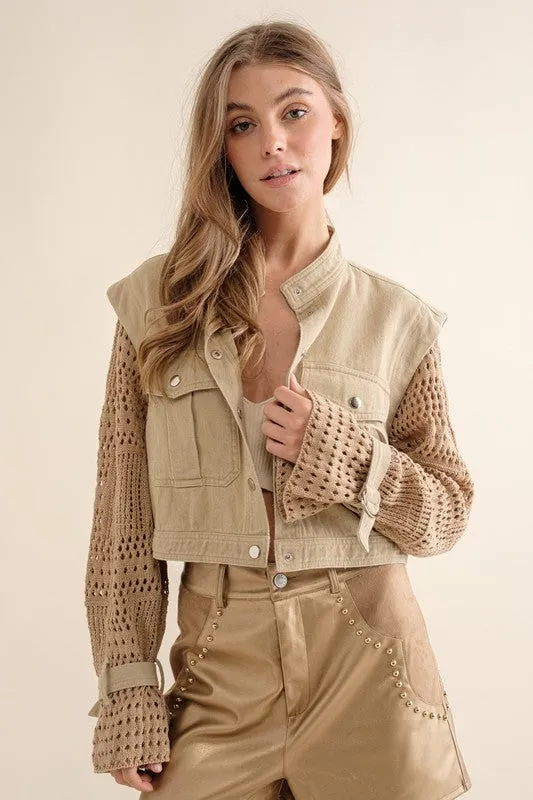 Fun Fusion Crochet Sleeve Cropped Jacket