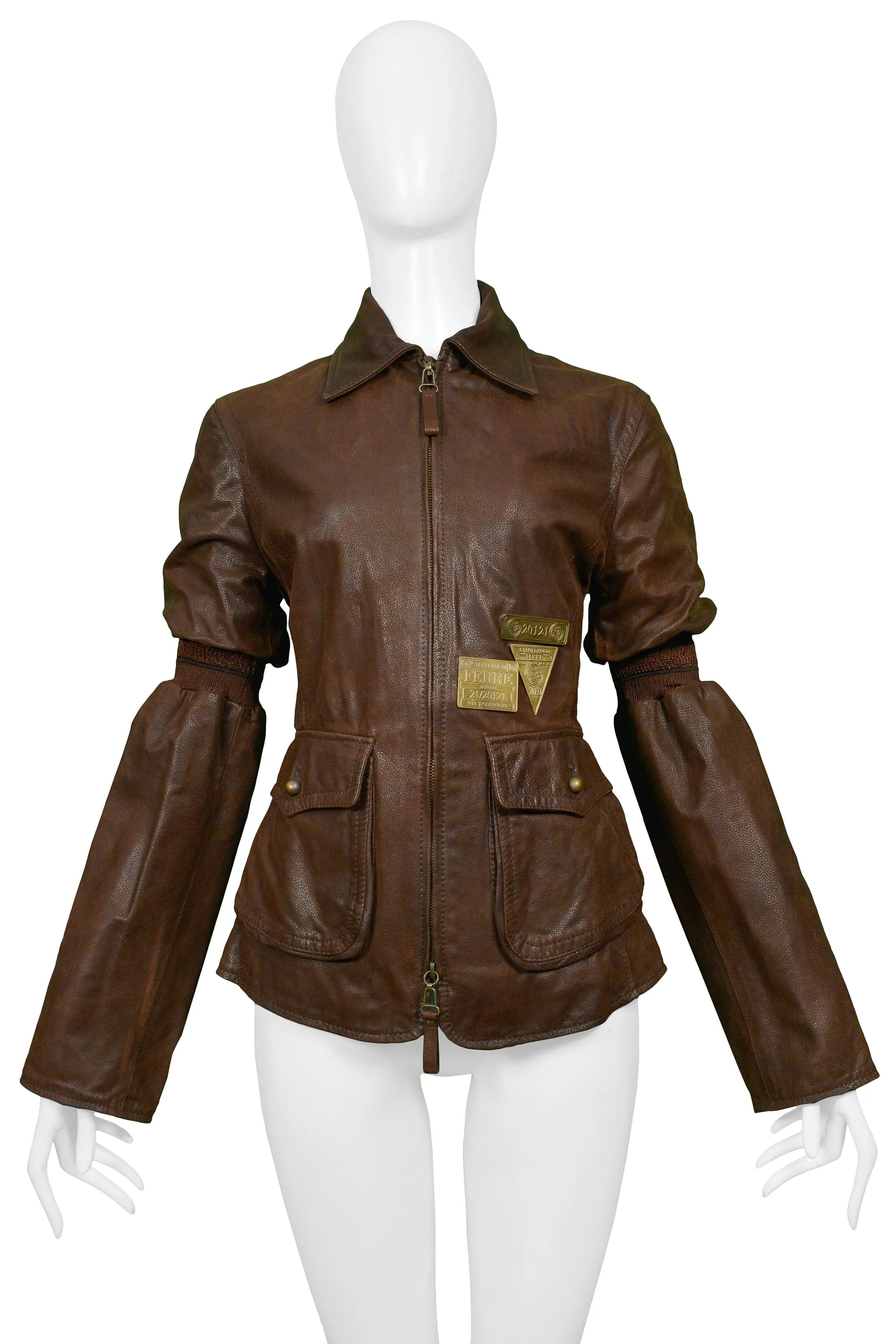 GIANFRANCO FERRE BROWN LEATHER AVIATOR JACKET WITH BRASS HARDWARE