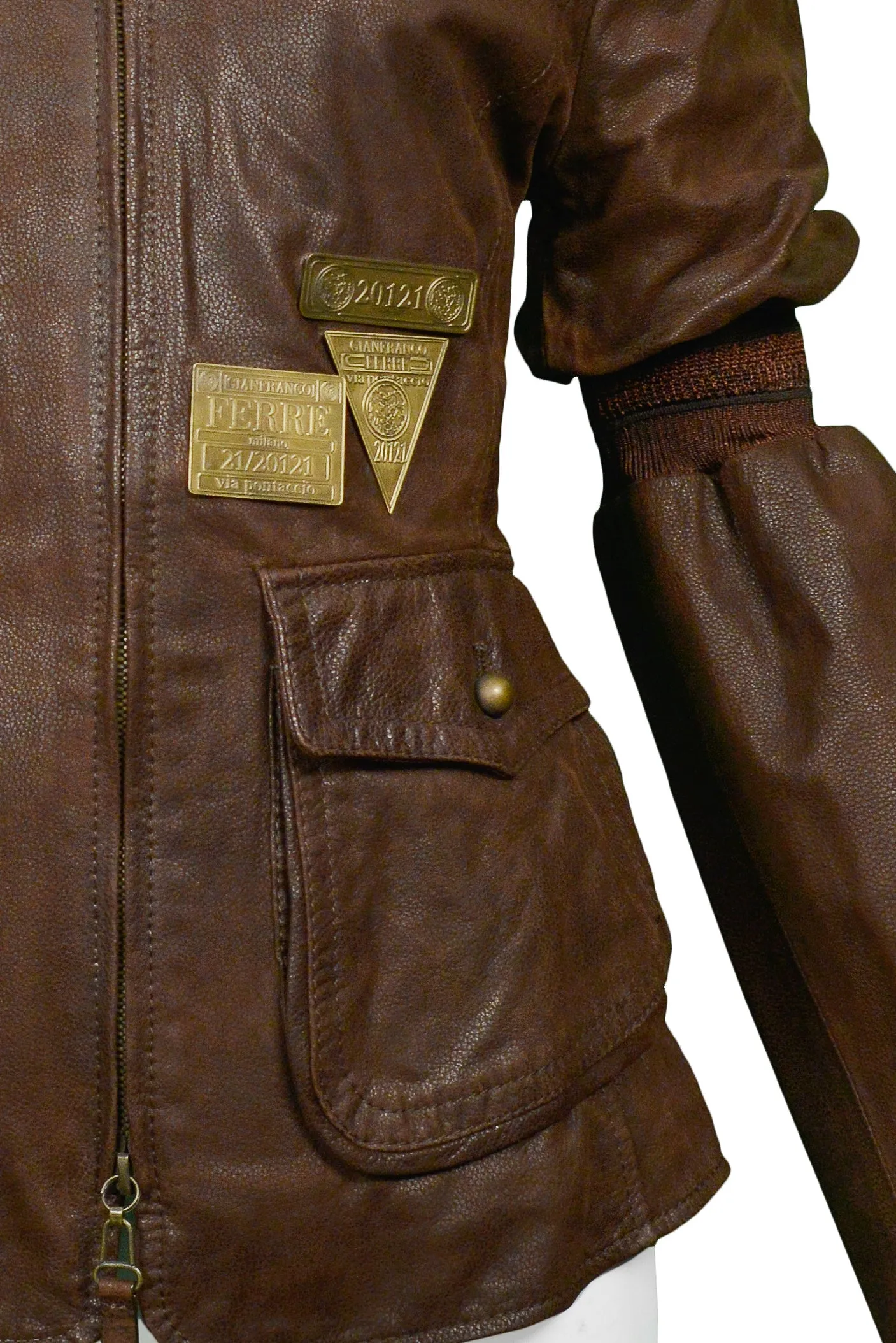 GIANFRANCO FERRE BROWN LEATHER AVIATOR JACKET WITH BRASS HARDWARE