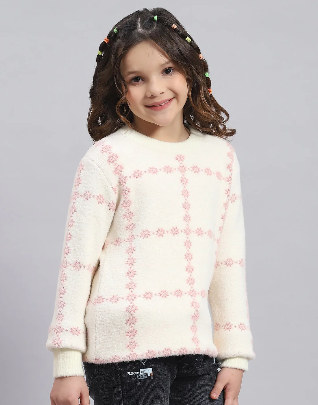 Girls Beige Self Design Round Neck Full Sleeve Sweater