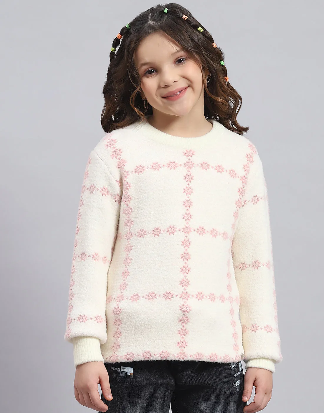 Girls Beige Self Design Round Neck Full Sleeve Sweater