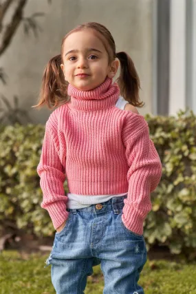 Girls Blush Pink Ribbed Knit Balloon Sleeve Turtleneck Sweater