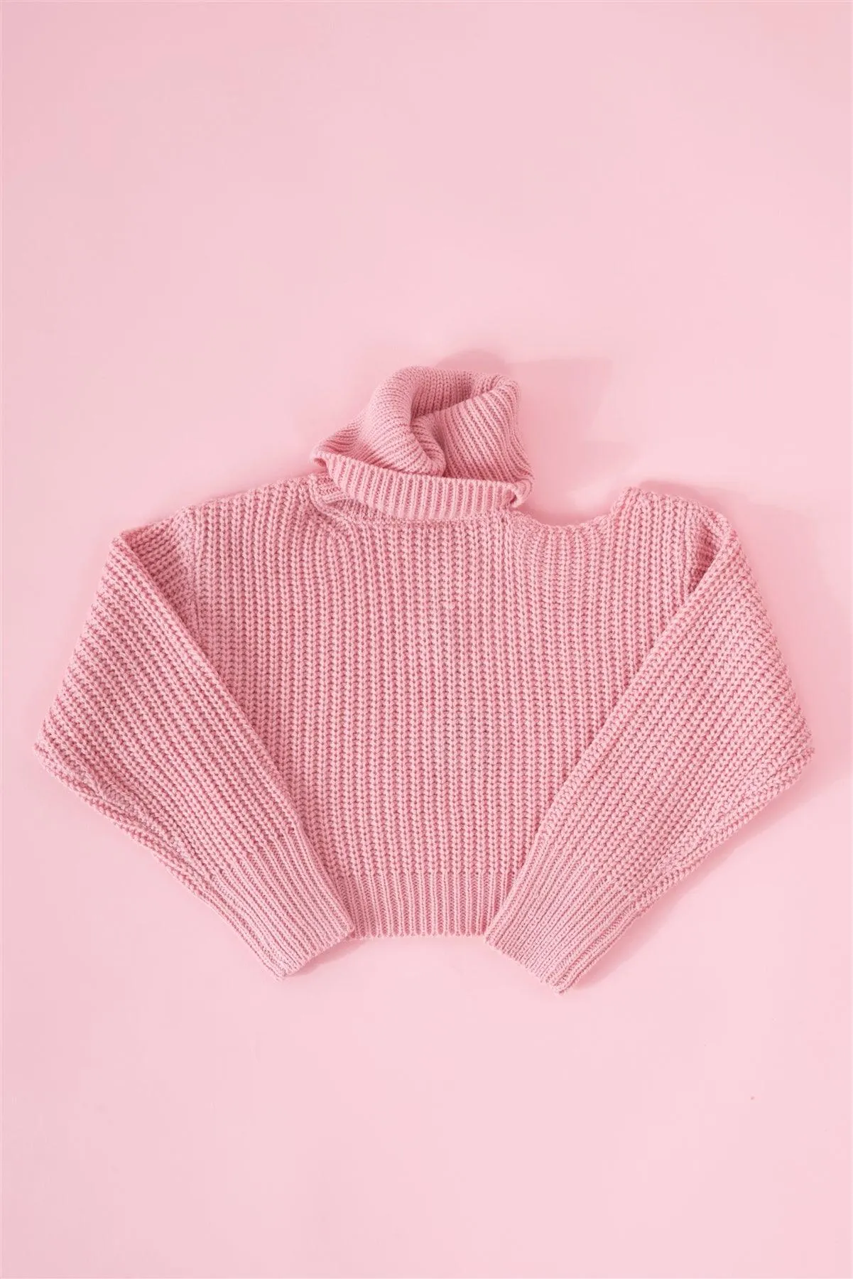 Girls Blush Pink Ribbed Knit Balloon Sleeve Turtleneck Sweater